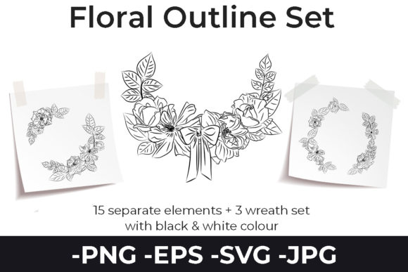 Flowers Rose White Line Art Wreath Set Review