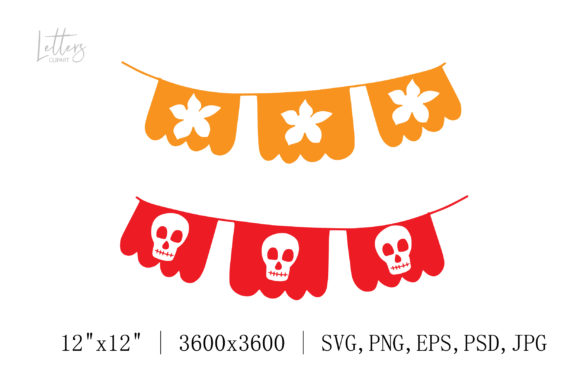 Red, Yellow Papel Picado Skull, Flower Graphics and Illustrations