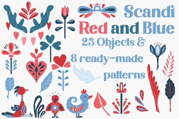 Scandi Red and Blue Objects and Patterns Graphics and Illustrations